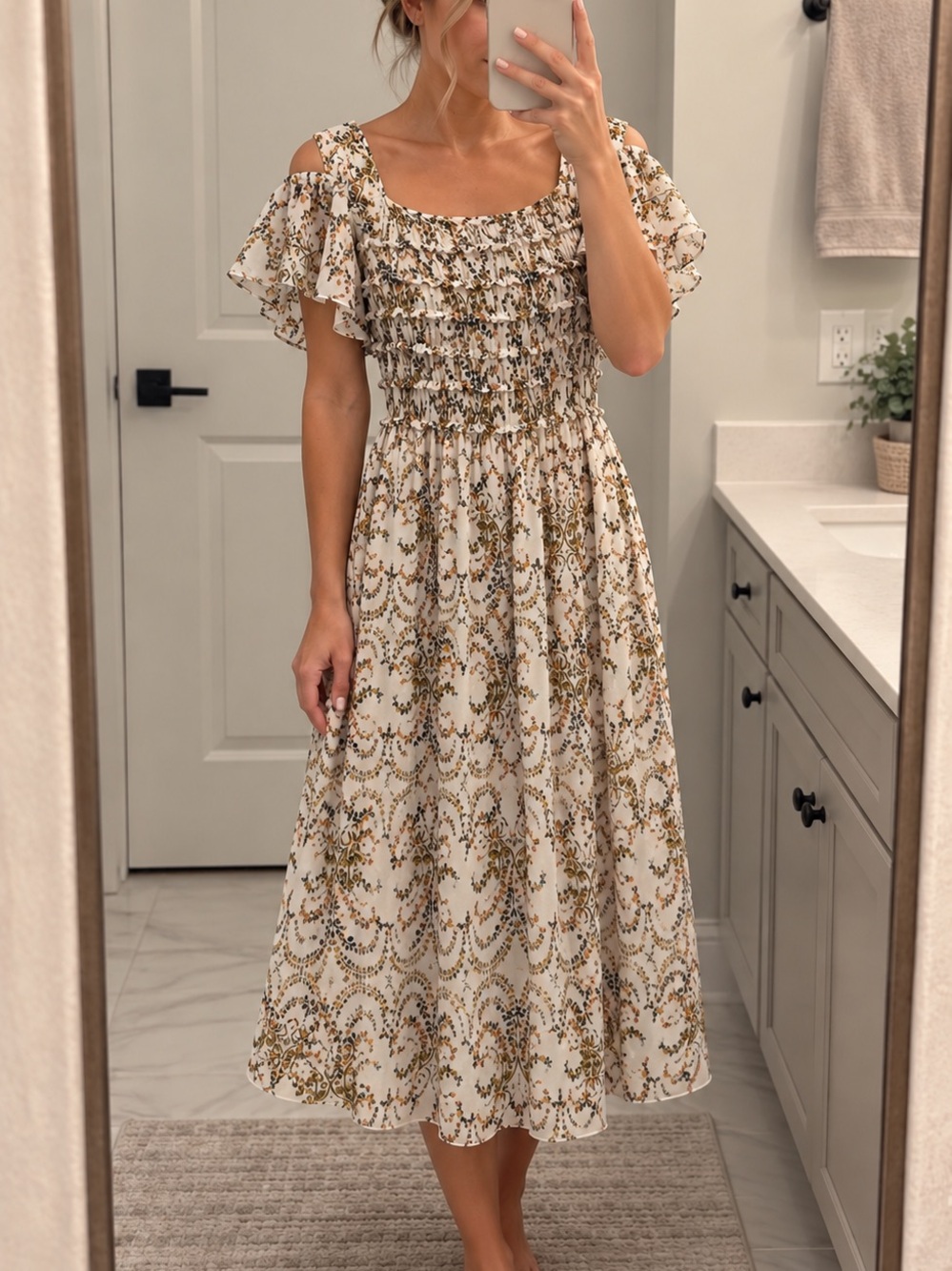Max Studio White Floral Smocked Midi Dress with Ruffled Shoulders small